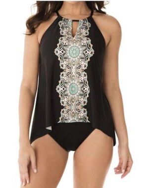Miraclesuit Samsara Peephole Tankini Top Black Teal Print Built-In Bra Size 8